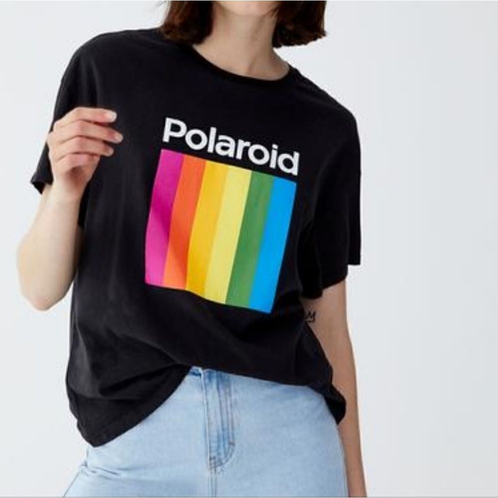 Mighty Fine Women's Black Polaroid Graphic Crewneck Short Sleeve Tee